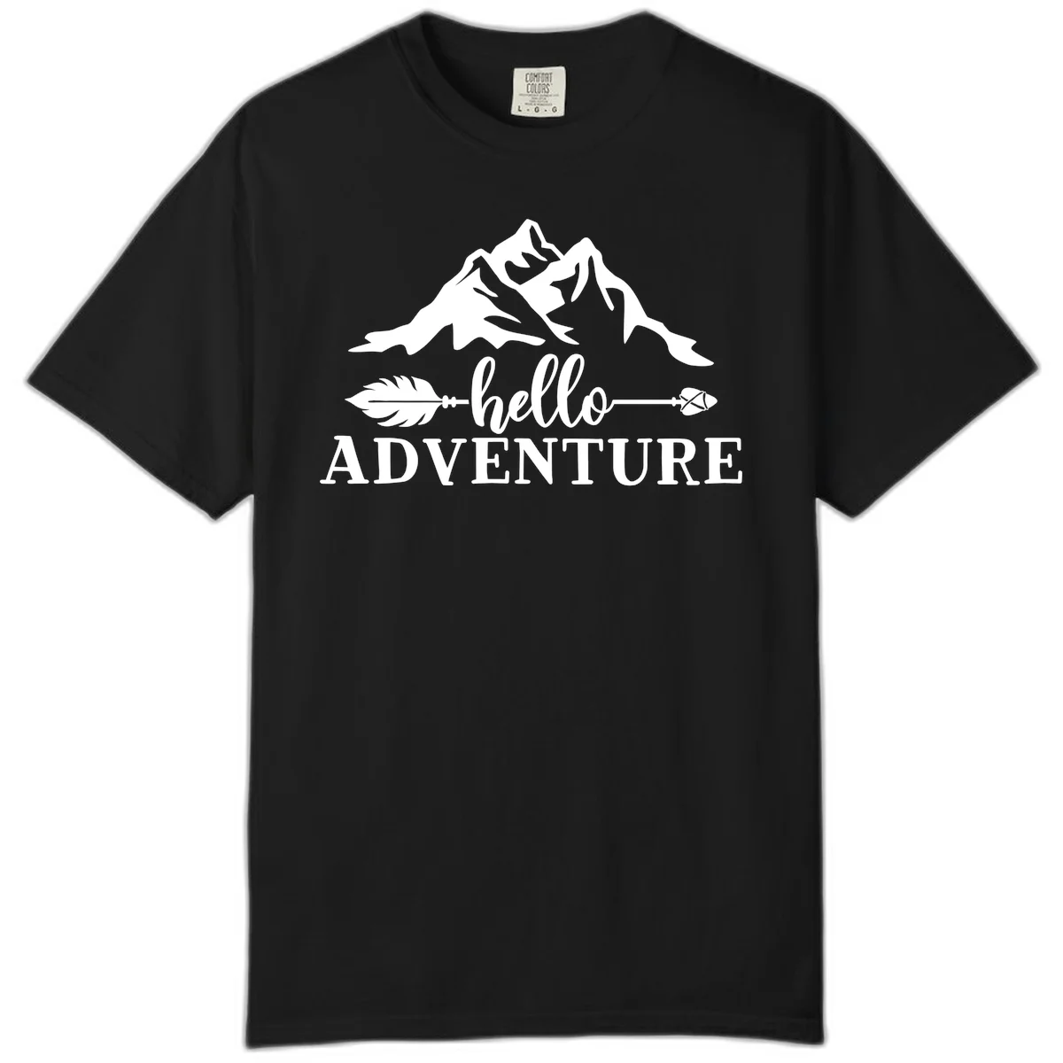 White minimalist design with snow-capped mountains, feather arrows, and hello adventure text on gray background in Black