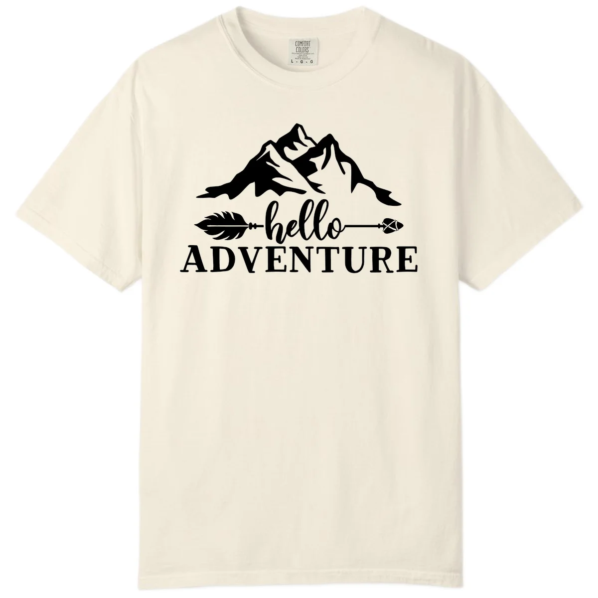 White minimalist design with snow-capped mountains, feather arrows, and hello adventure text on gray background in Ivory