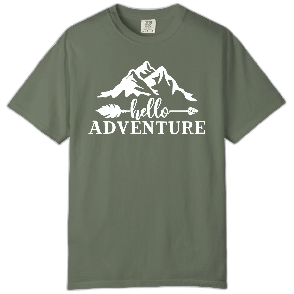 White minimalist design with snow-capped mountains, feather arrows, and hello adventure text on gray background in Moss
