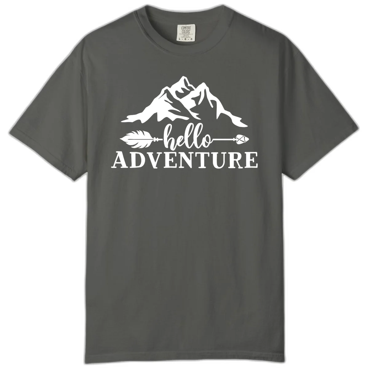 White minimalist design with snow-capped mountains, feather arrows, and hello adventure text on gray background in Pepper