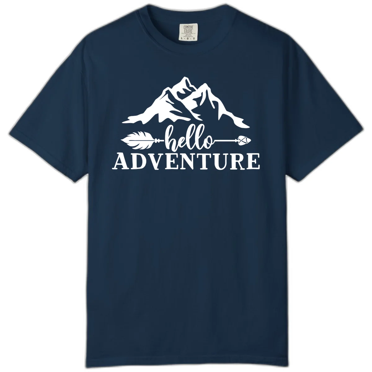 White minimalist design with snow-capped mountains, feather arrows, and hello adventure text on gray background in True Navy