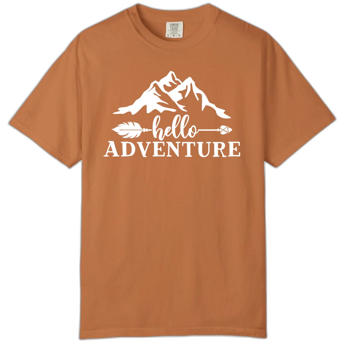 White minimalist design with snow-capped mountains, feather arrows, and hello adventure text on gray background in Yam