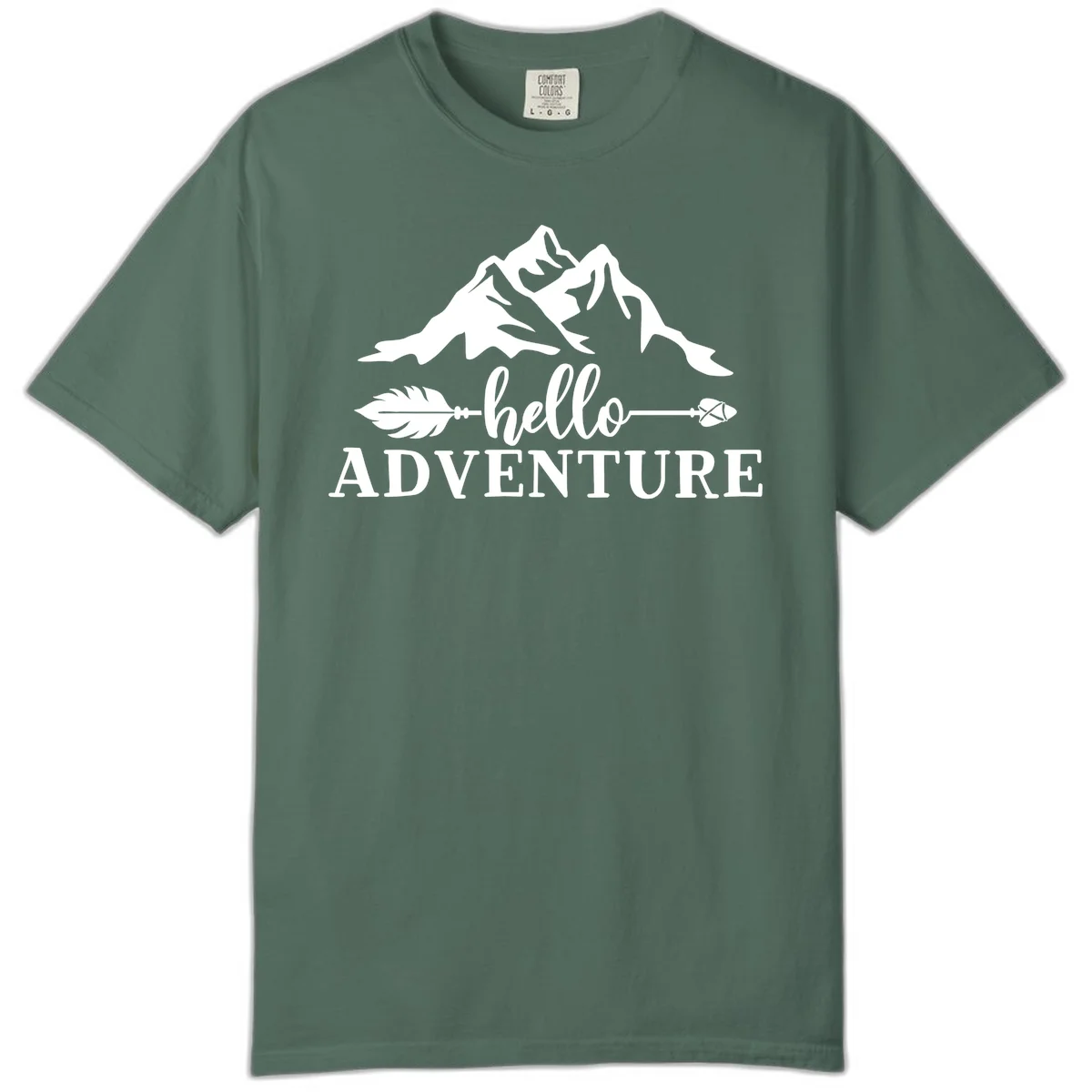 White minimalist design with snow-capped mountains, feather arrows, and hello adventure text on gray background in Blue Spruce