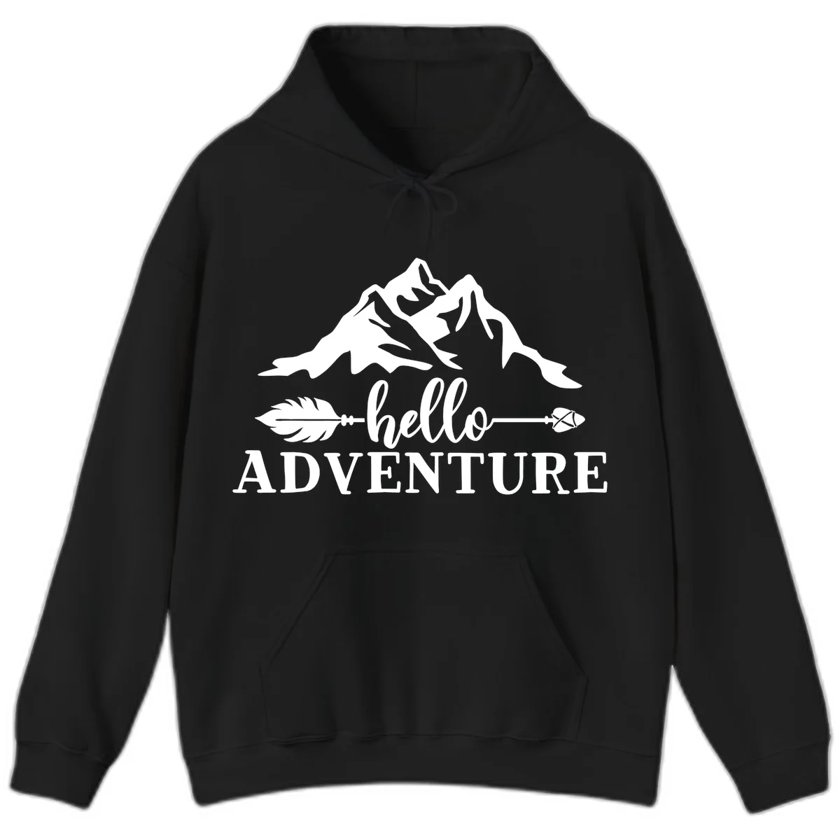 White minimalist design with snow-capped mountains, feather arrows, and hello adventure text on gray background in Black