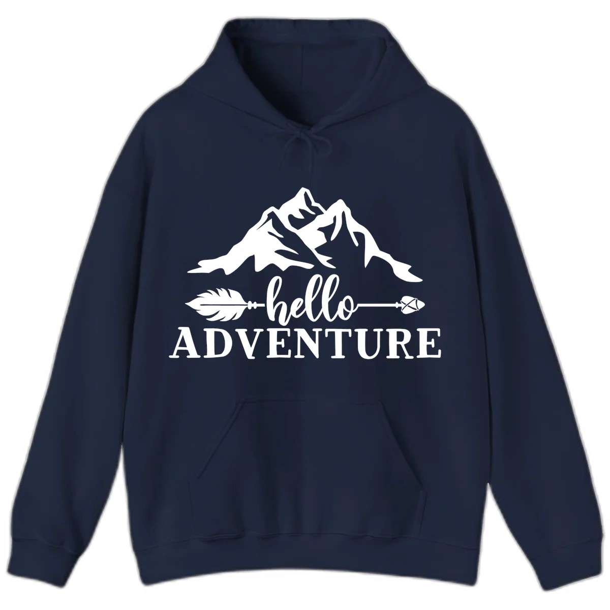 White minimalist design with snow-capped mountains, feather arrows, and hello adventure text on gray background in Navy