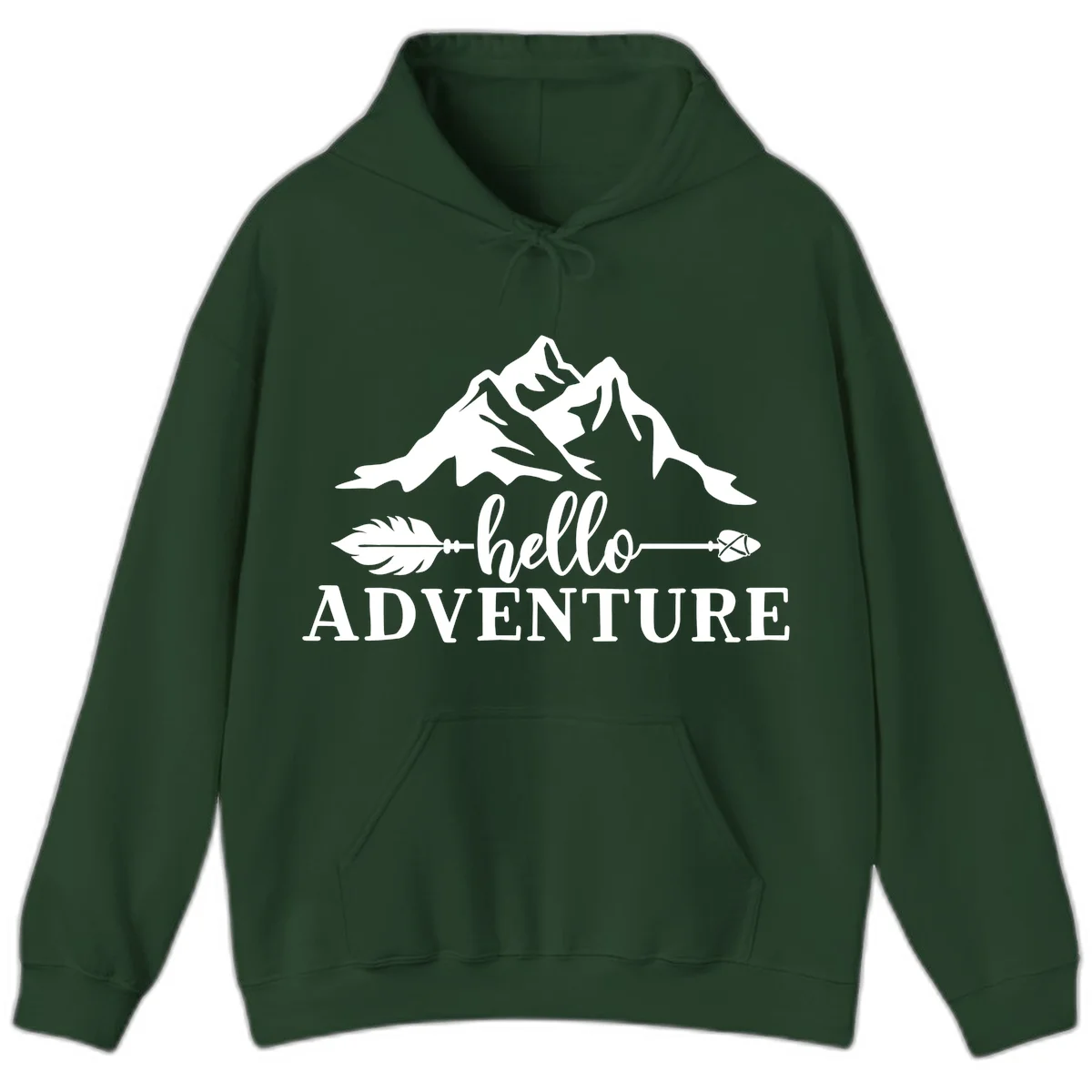 White minimalist design with snow-capped mountains, feather arrows, and hello adventure text on gray background in Forest Green