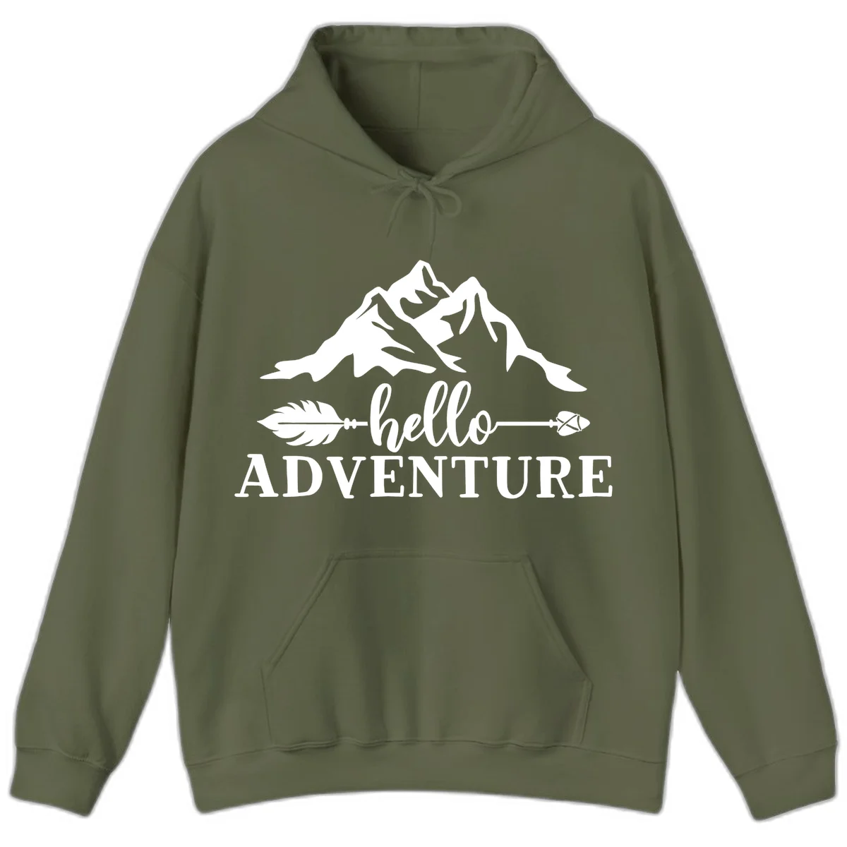 White minimalist design with snow-capped mountains, feather arrows, and hello adventure text on gray background in Military Green