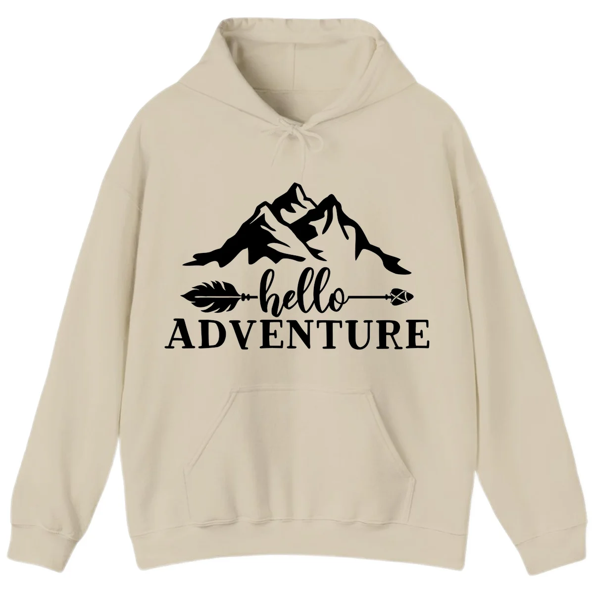 White minimalist design with snow-capped mountains, feather arrows, and hello adventure text on gray background in Sand