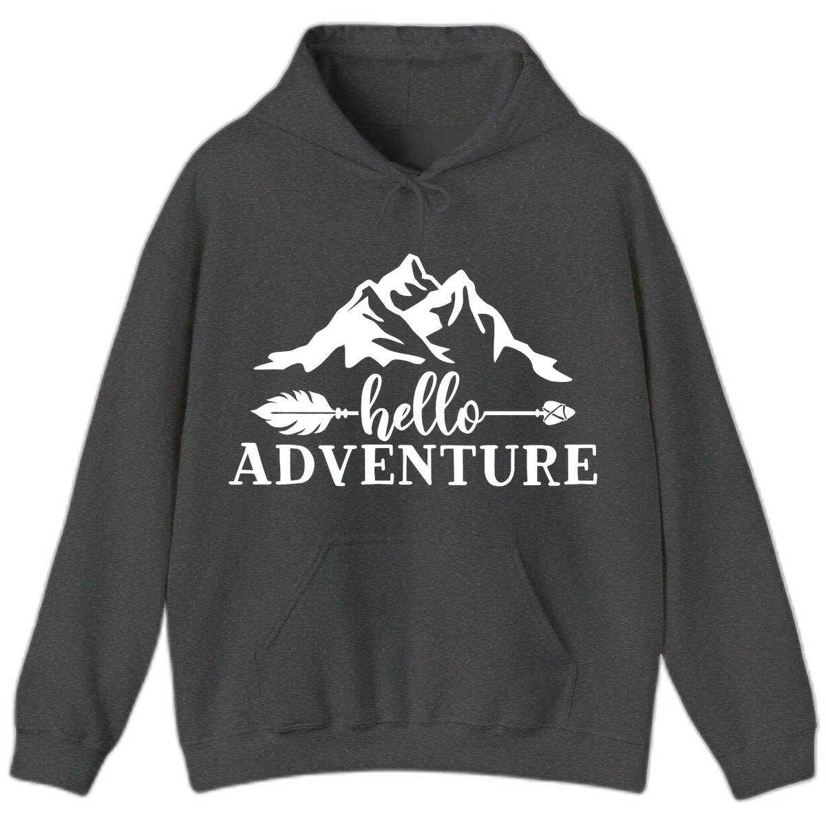 White minimalist design with snow-capped mountains, feather arrows, and hello adventure text on gray background in Dark Heather