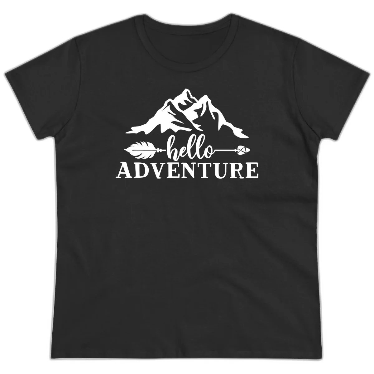 White minimalist design with snow-capped mountains, feather arrows, and hello adventure text on gray background in Black