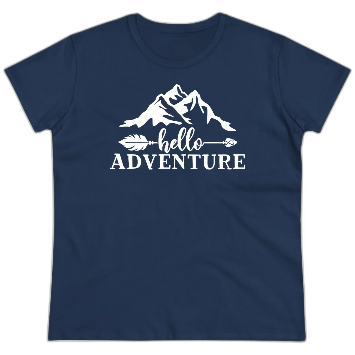 White minimalist design with snow-capped mountains, feather arrows, and hello adventure text on gray background in Navy
