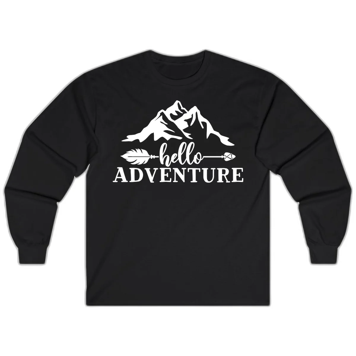 White minimalist design with snow-capped mountains, feather arrows, and hello adventure text on gray background in Black
