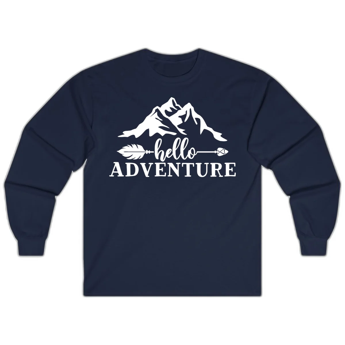 White minimalist design with snow-capped mountains, feather arrows, and hello adventure text on gray background in Navy