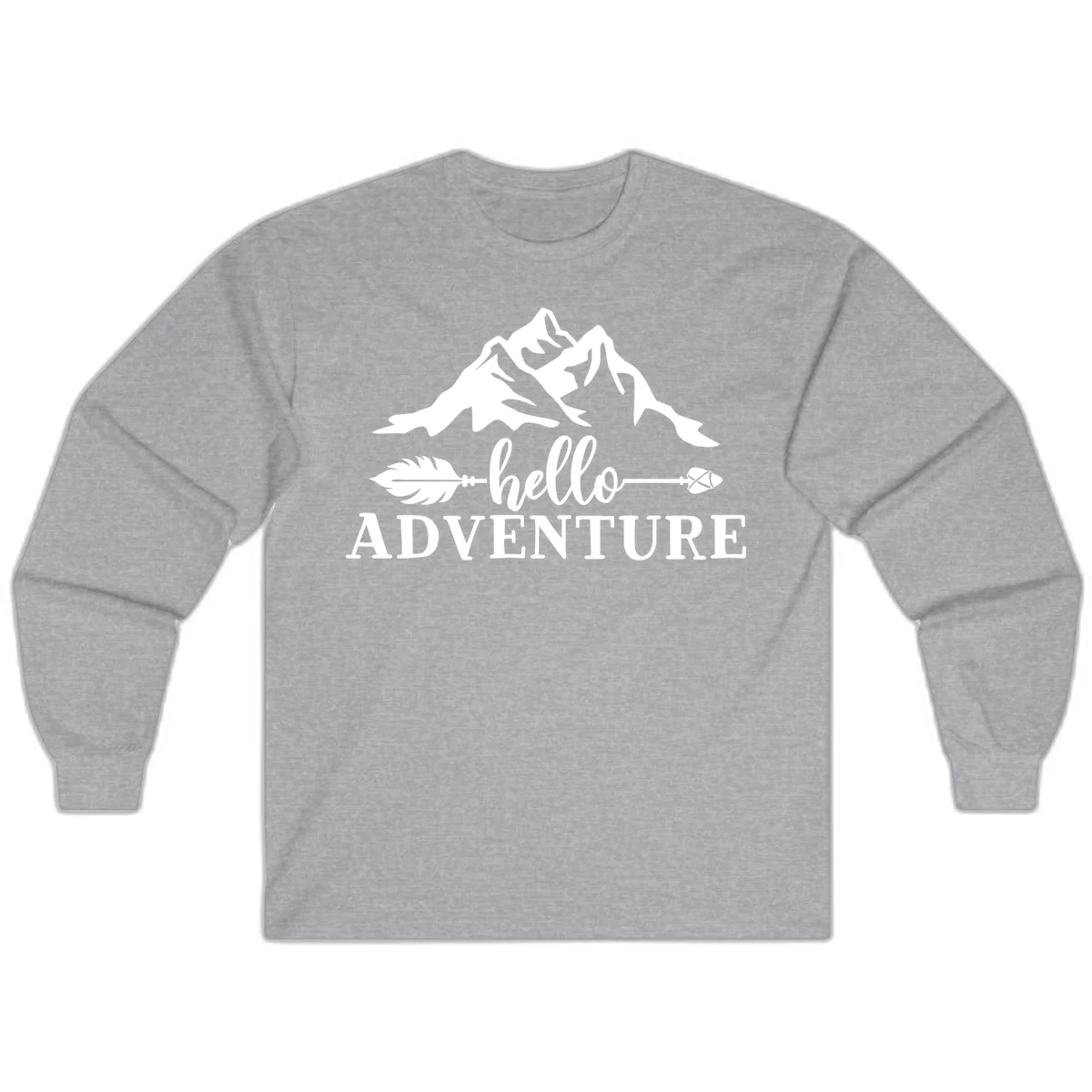 White minimalist design with snow-capped mountains, feather arrows, and hello adventure text on gray background in Sport Grey