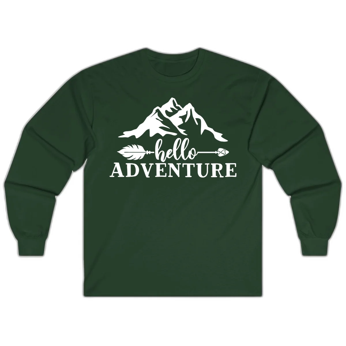 White minimalist design with snow-capped mountains, feather arrows, and hello adventure text on gray background in Forest Green