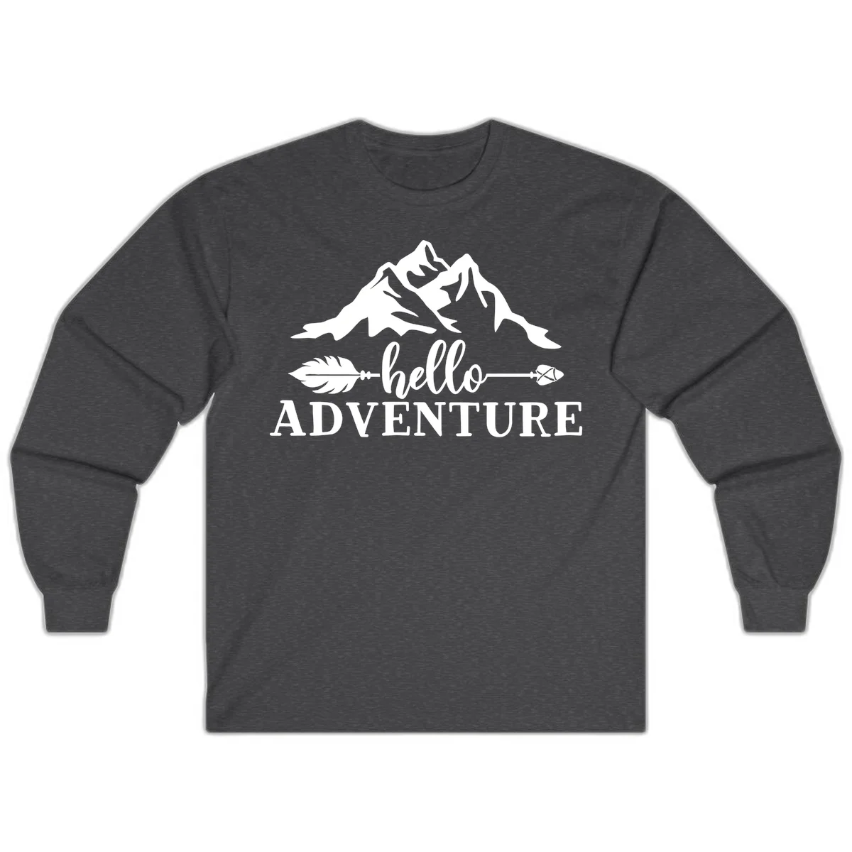 White minimalist design with snow-capped mountains, feather arrows, and hello adventure text on gray background in Dark Heather