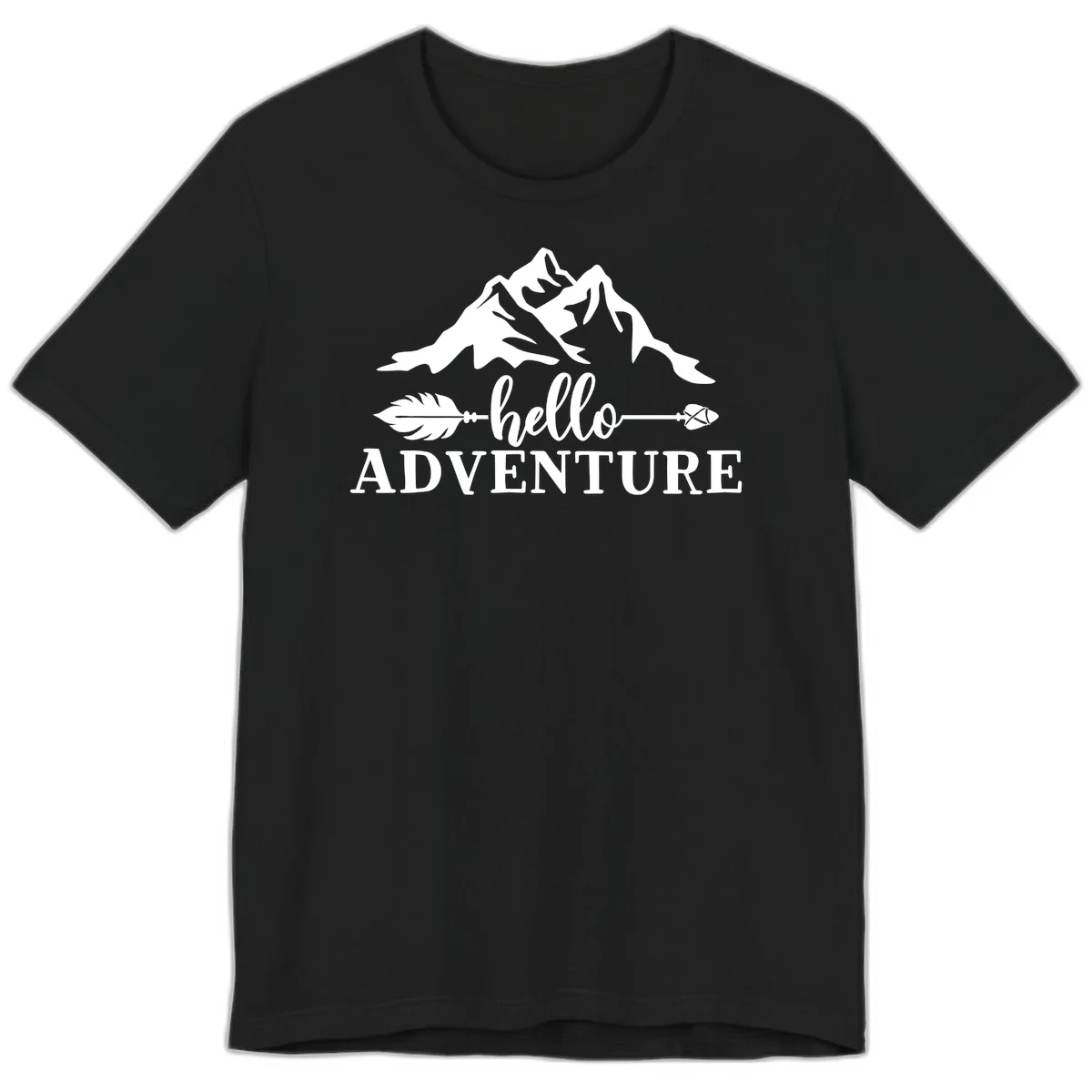 White minimalist design with snow-capped mountains, feather arrows, and hello adventure text on gray background in Black