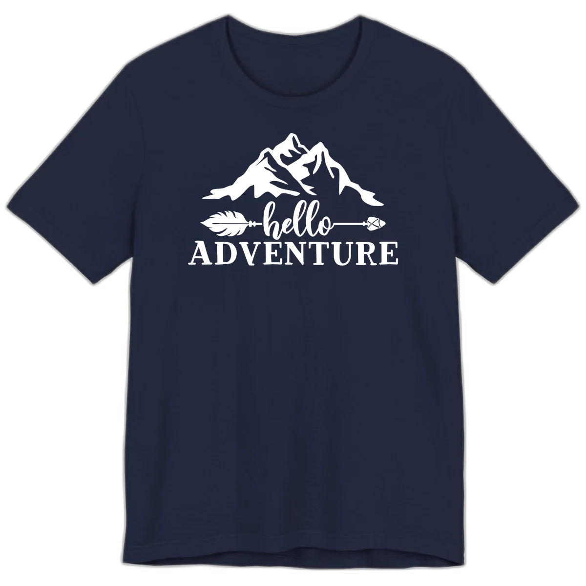 White minimalist design with snow-capped mountains, feather arrows, and hello adventure text on gray background in Navy