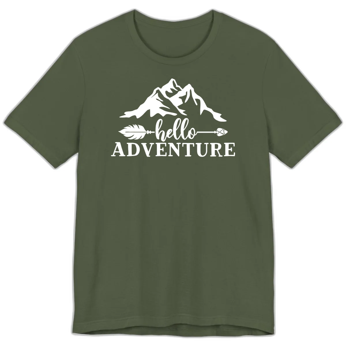 White minimalist design with snow-capped mountains, feather arrows, and hello adventure text on gray background in Military Green