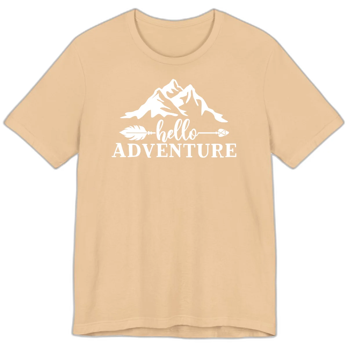 White minimalist design with snow-capped mountains, feather arrows, and hello adventure text on gray background in Sand Dune