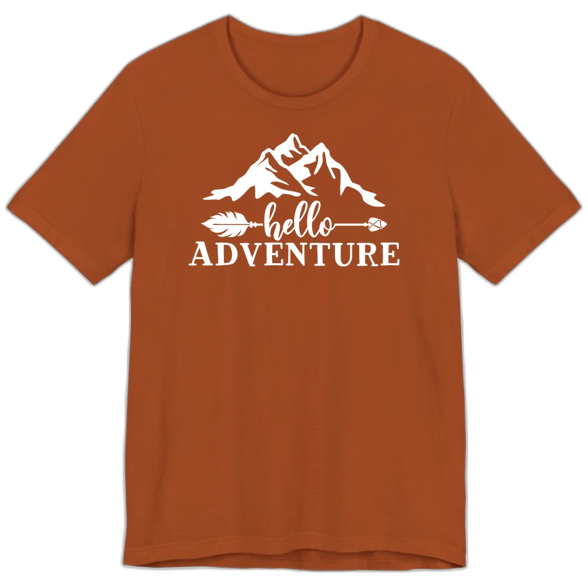 White minimalist design with snow-capped mountains, feather arrows, and hello adventure text on gray background in Autumn