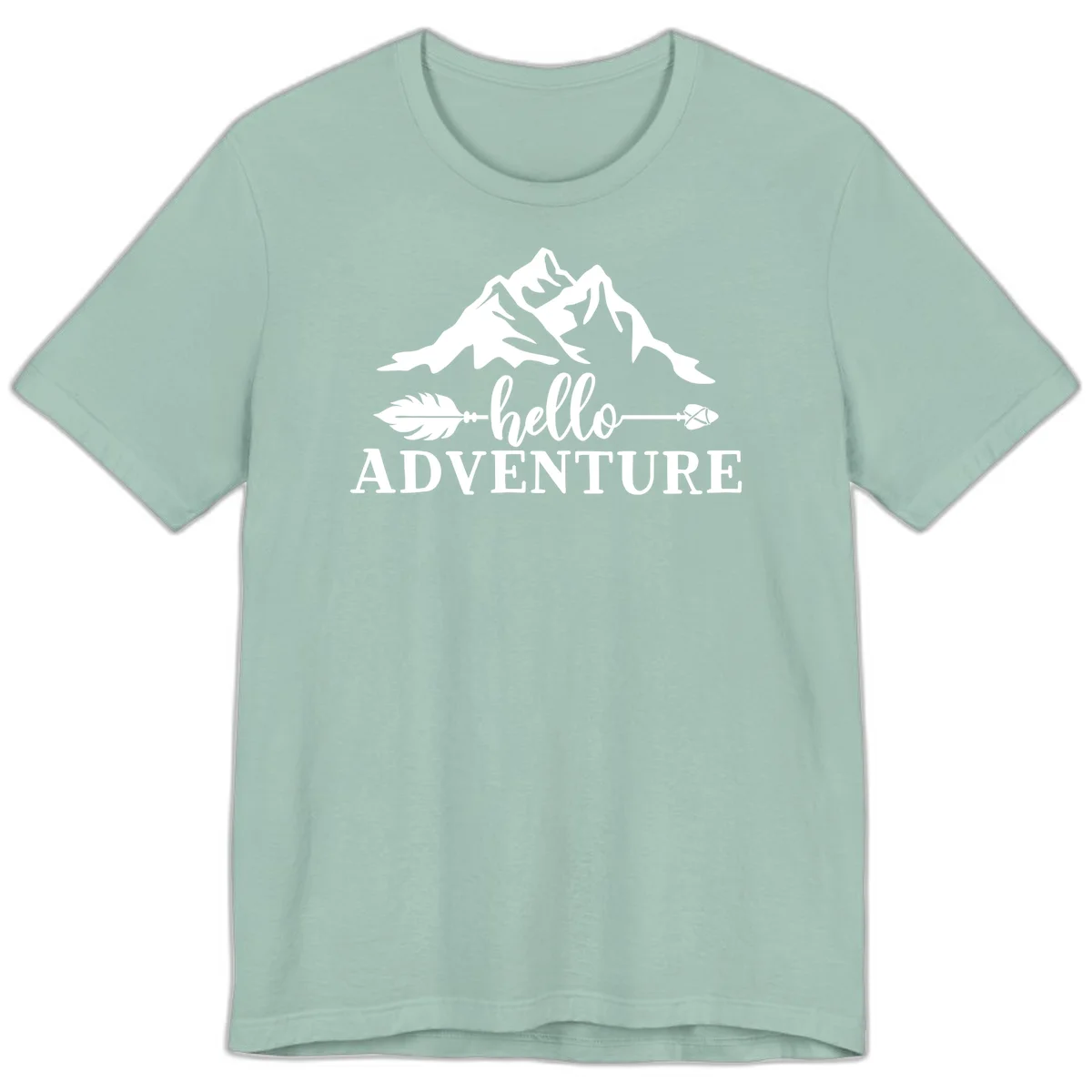 White minimalist design with snow-capped mountains, feather arrows, and hello adventure text on gray background in Dusty Blue