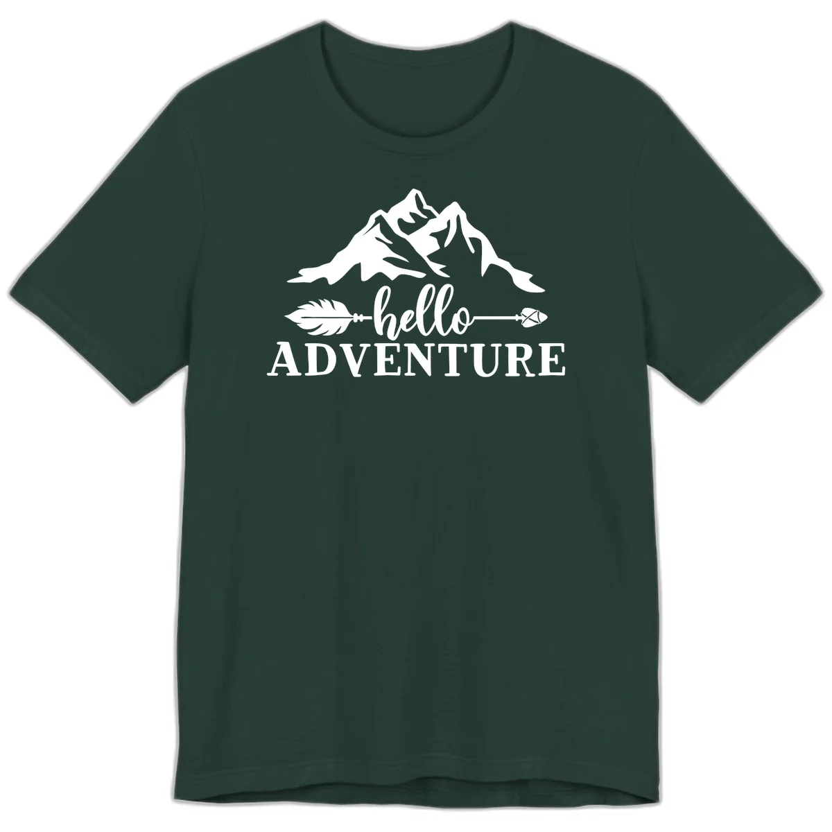 White minimalist design with snow-capped mountains, feather arrows, and hello adventure text on gray background in Forest