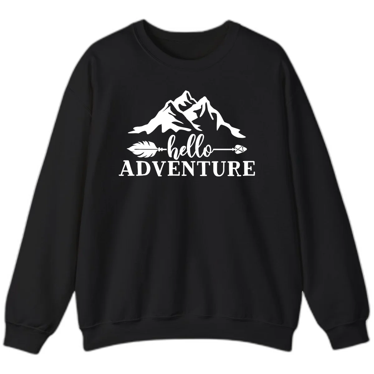 White minimalist design with snow-capped mountains, feather arrows, and hello adventure text on gray background in Black