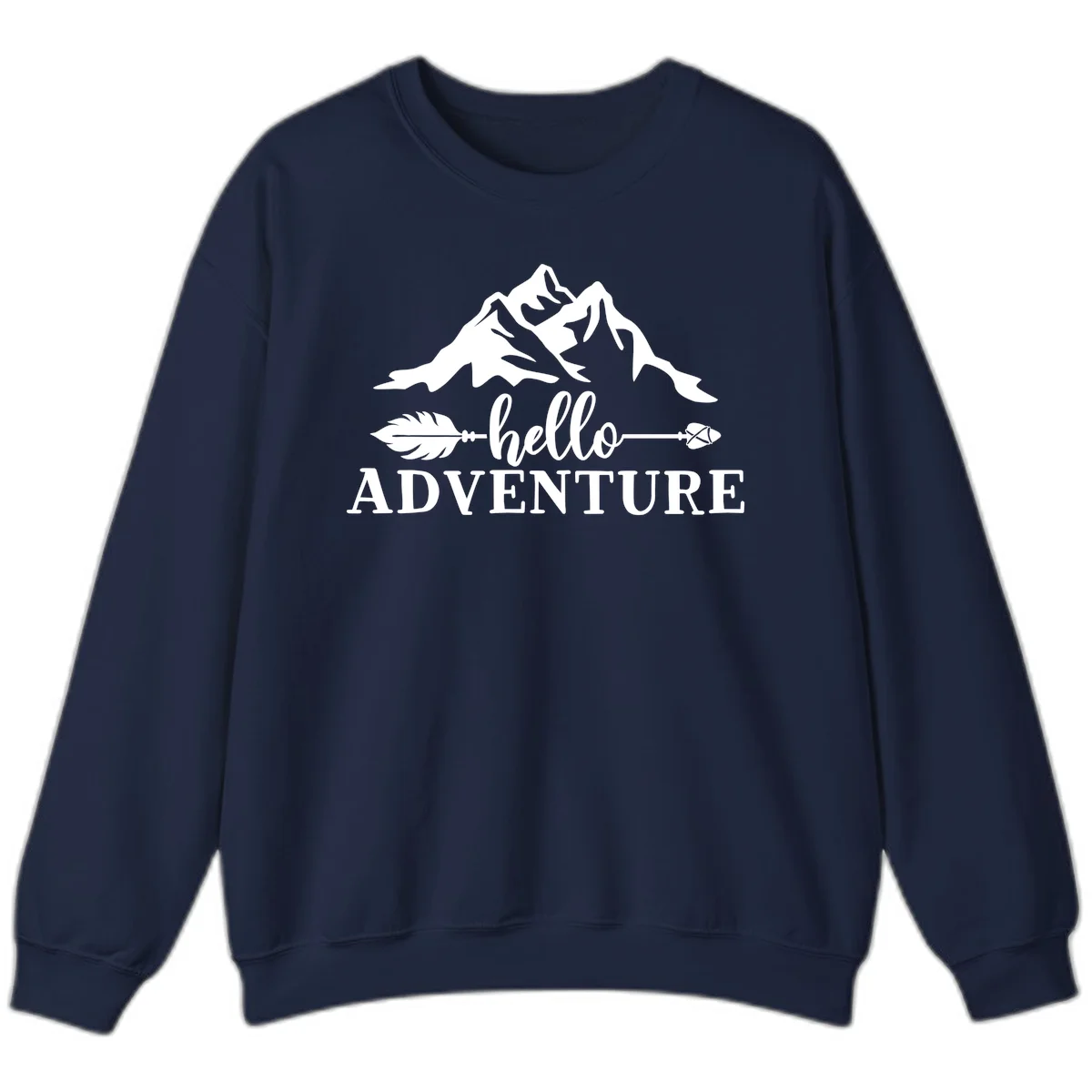 White minimalist design with snow-capped mountains, feather arrows, and hello adventure text on gray background in Navy