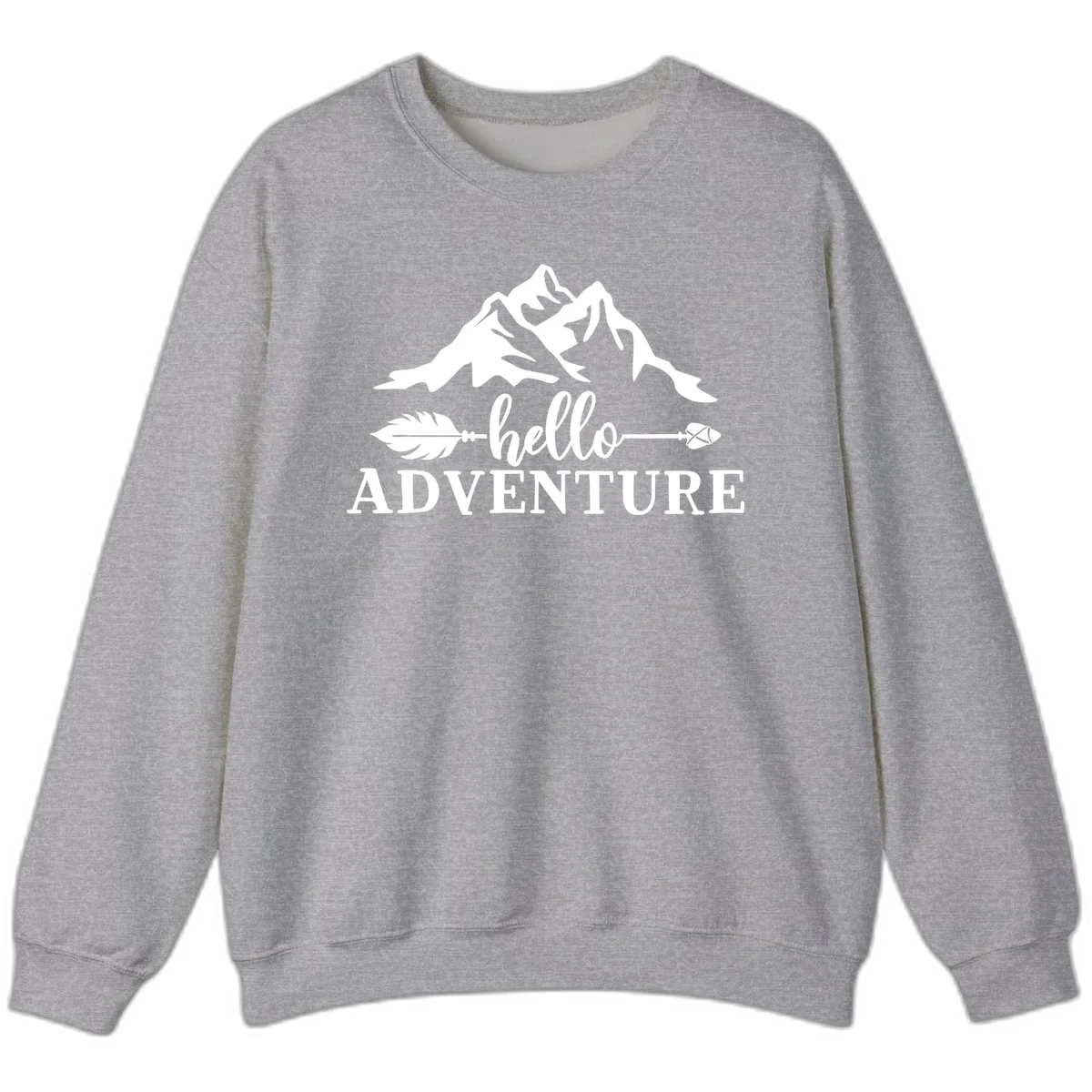 White minimalist design with snow-capped mountains, feather arrows, and hello adventure text on gray background in Sport Grey