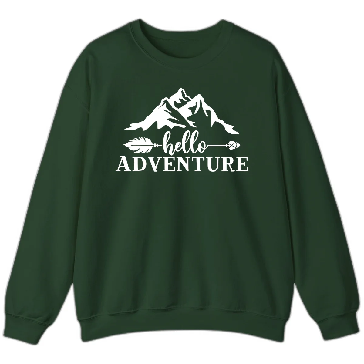White minimalist design with snow-capped mountains, feather arrows, and hello adventure text on gray background in Forest Green