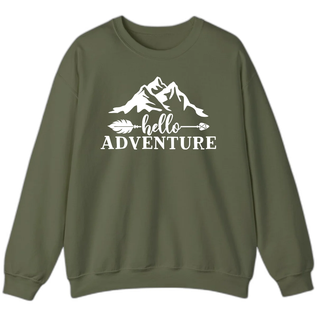 White minimalist design with snow-capped mountains, feather arrows, and hello adventure text on gray background in Military Green