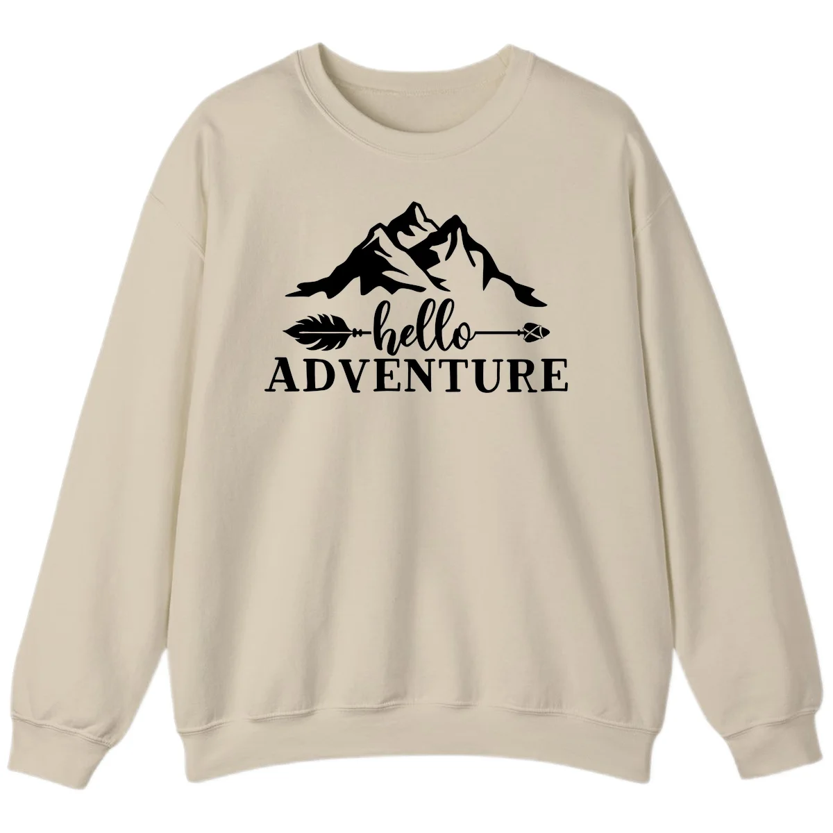 White minimalist design with snow-capped mountains, feather arrows, and hello adventure text on gray background in Sand