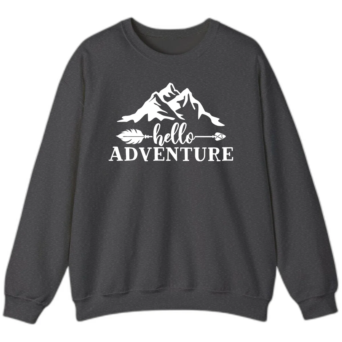 White minimalist design with snow-capped mountains, feather arrows, and hello adventure text on gray background in Dark Heather
