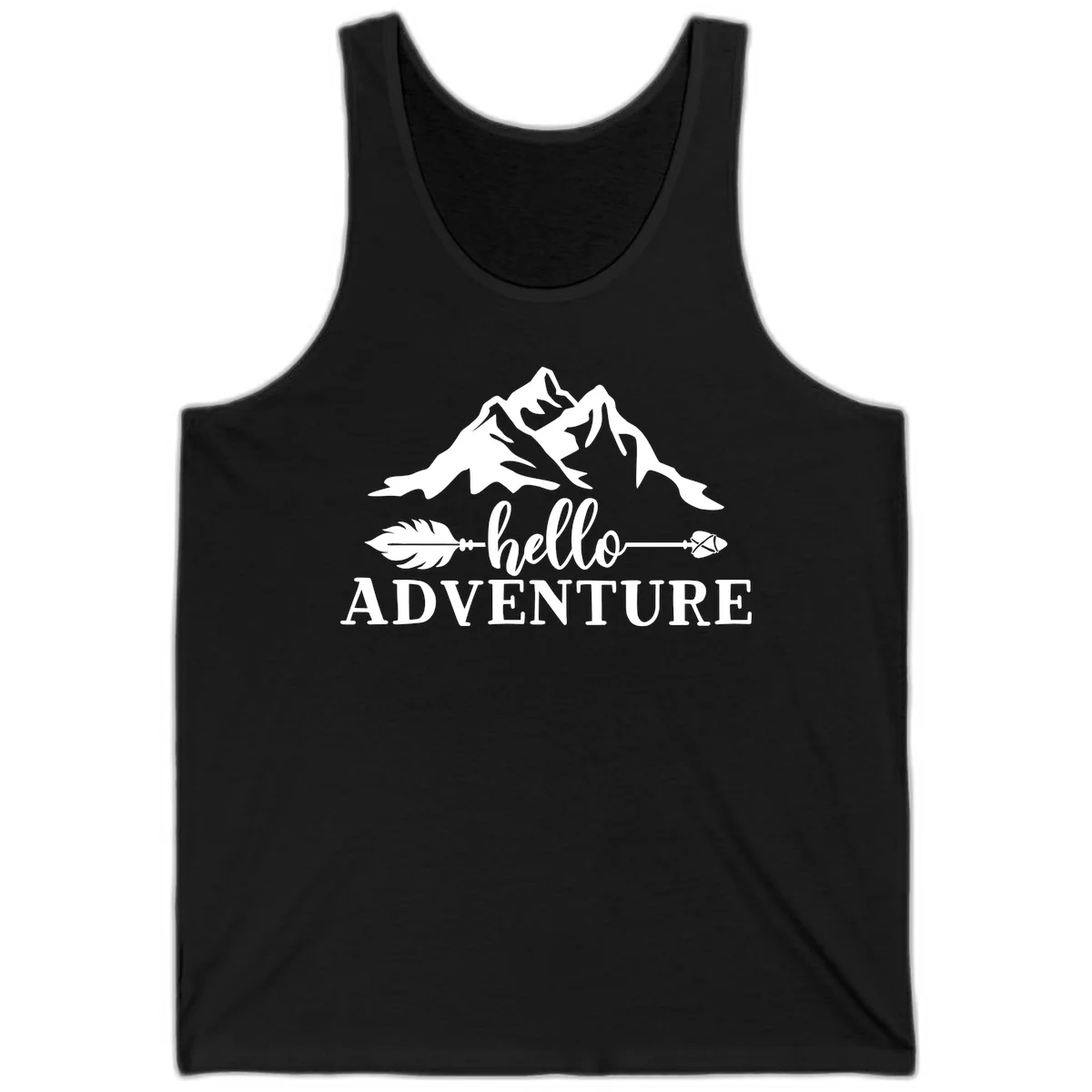 White minimalist design with snow-capped mountains, feather arrows, and hello adventure text on gray background in Black