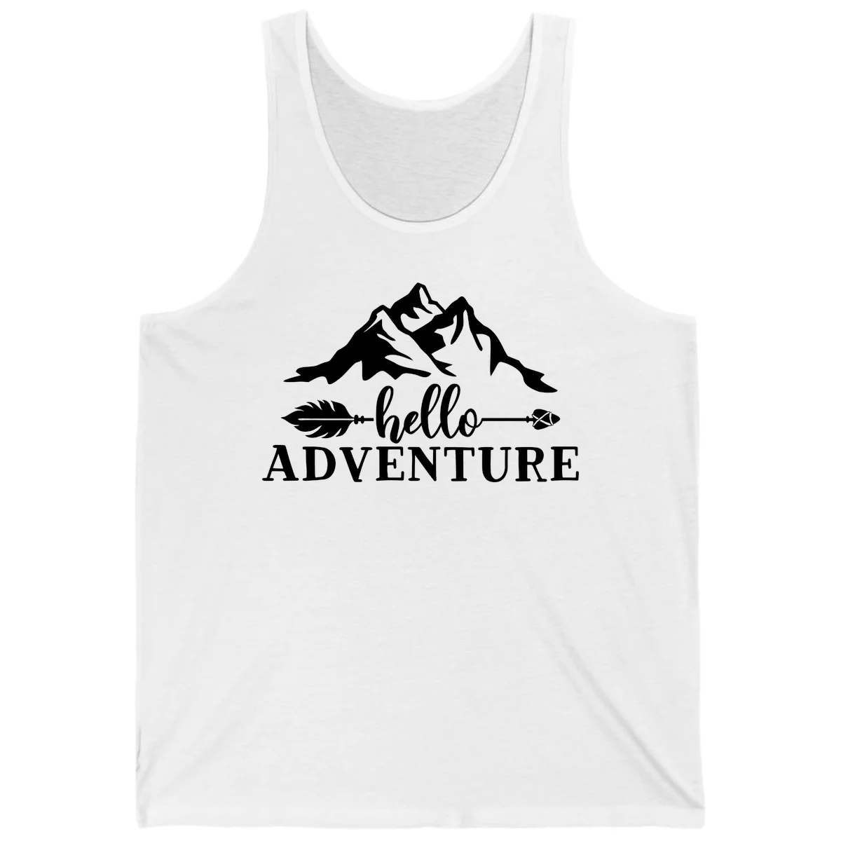 White minimalist design with snow-capped mountains, feather arrows, and hello adventure text on gray background in White