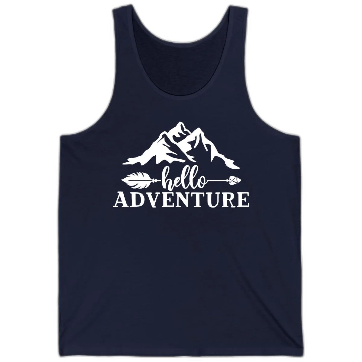 White minimalist design with snow-capped mountains, feather arrows, and hello adventure text on gray background in Navy