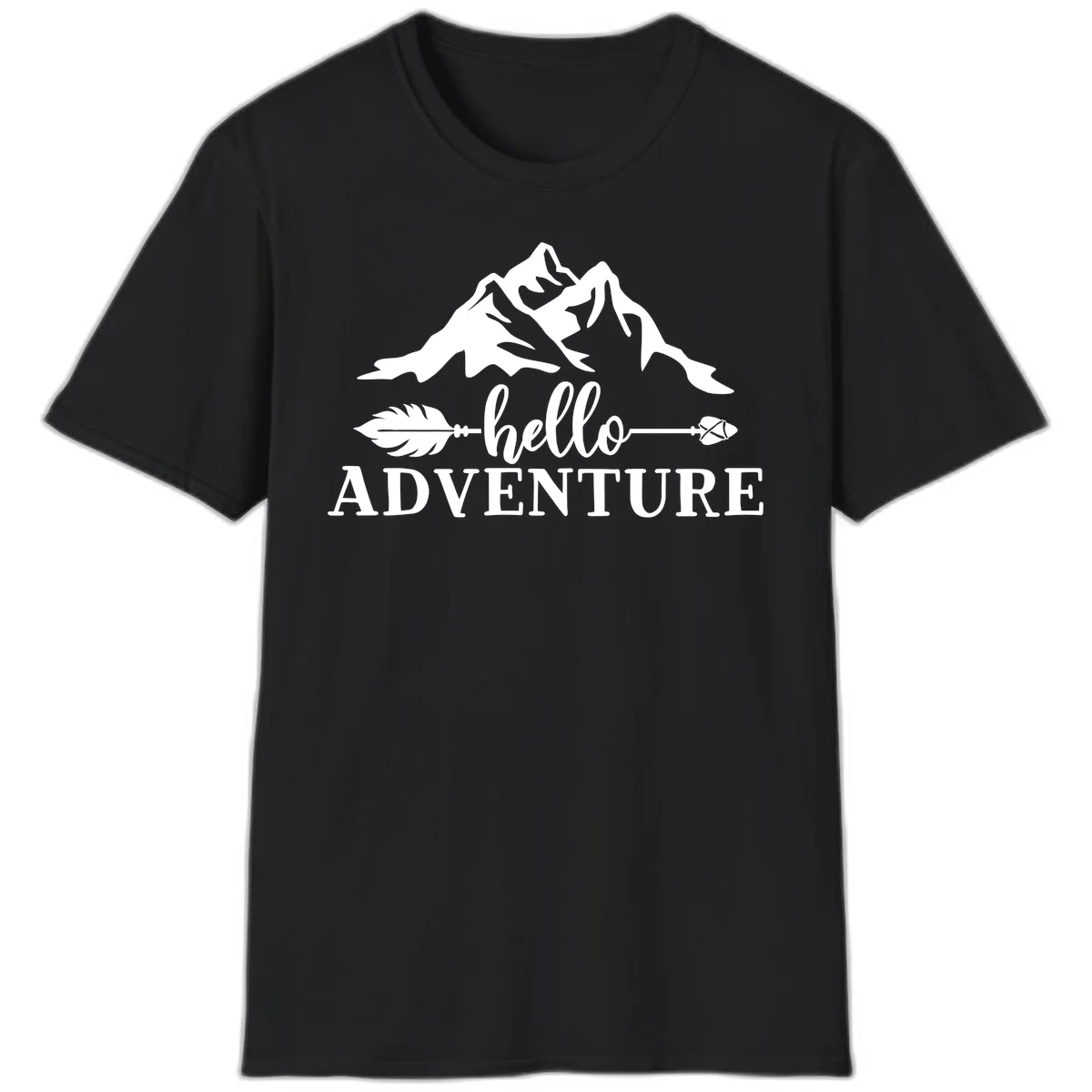 White minimalist design with snow-capped mountains, feather arrows, and hello adventure text on gray background in Black