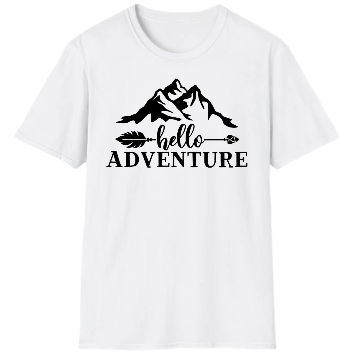 White minimalist design with snow-capped mountains, feather arrows, and hello adventure text on gray background in White