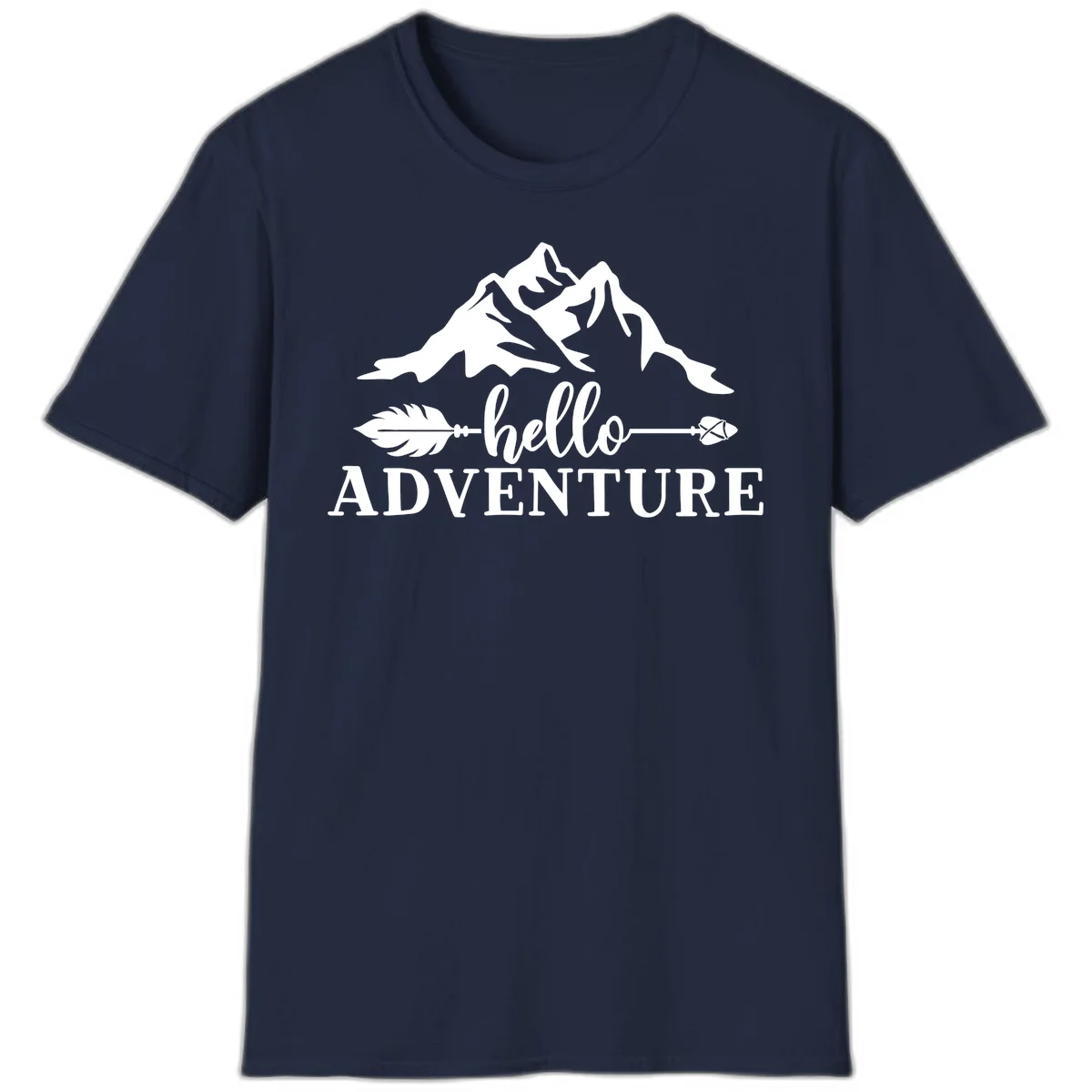 White minimalist design with snow-capped mountains, feather arrows, and hello adventure text on gray background in Navy