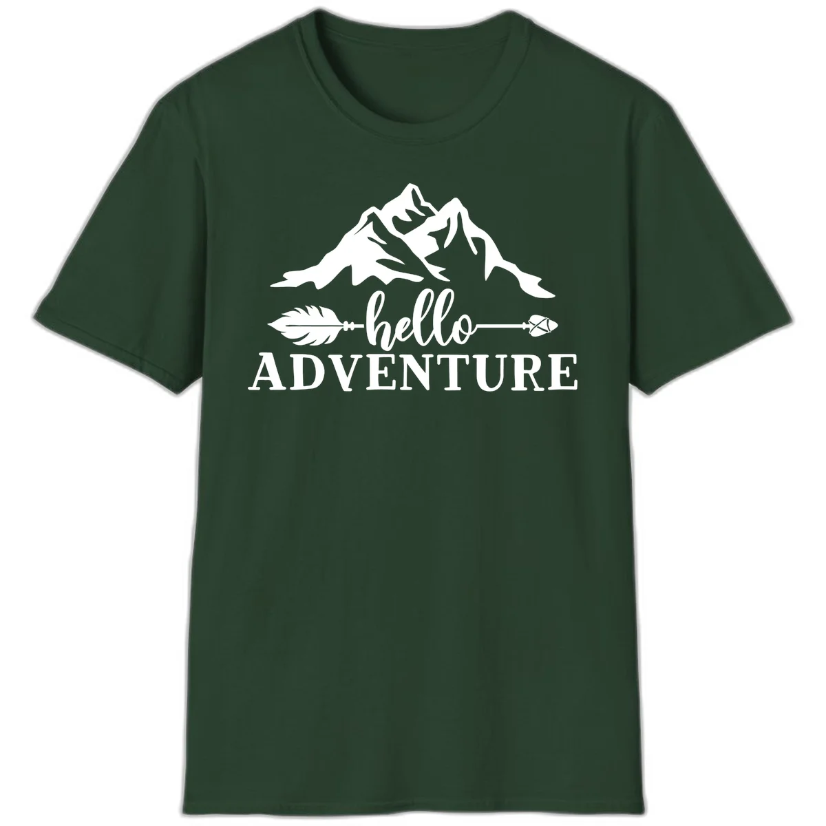 White minimalist design with snow-capped mountains, feather arrows, and hello adventure text on gray background in Forest Green