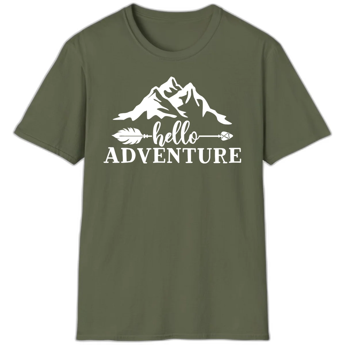 White minimalist design with snow-capped mountains, feather arrows, and hello adventure text on gray background in Military Green