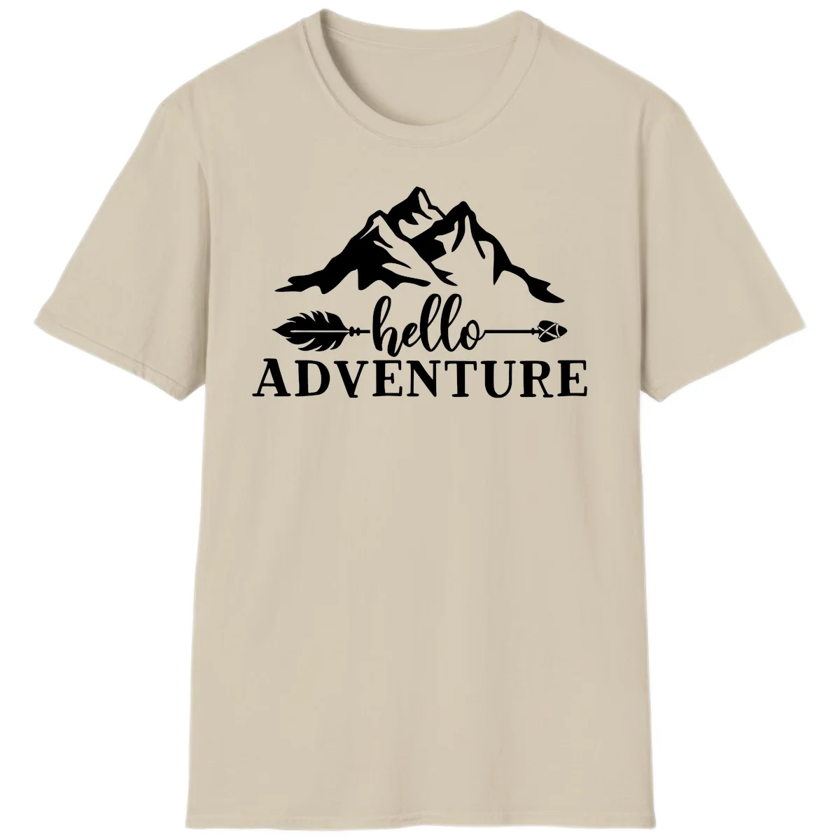 White minimalist design with snow-capped mountains, feather arrows, and hello adventure text on gray background in Sand
