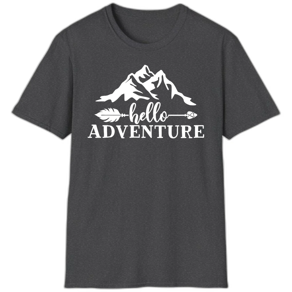 White minimalist design with snow-capped mountains, feather arrows, and hello adventure text on gray background in Dark Heather