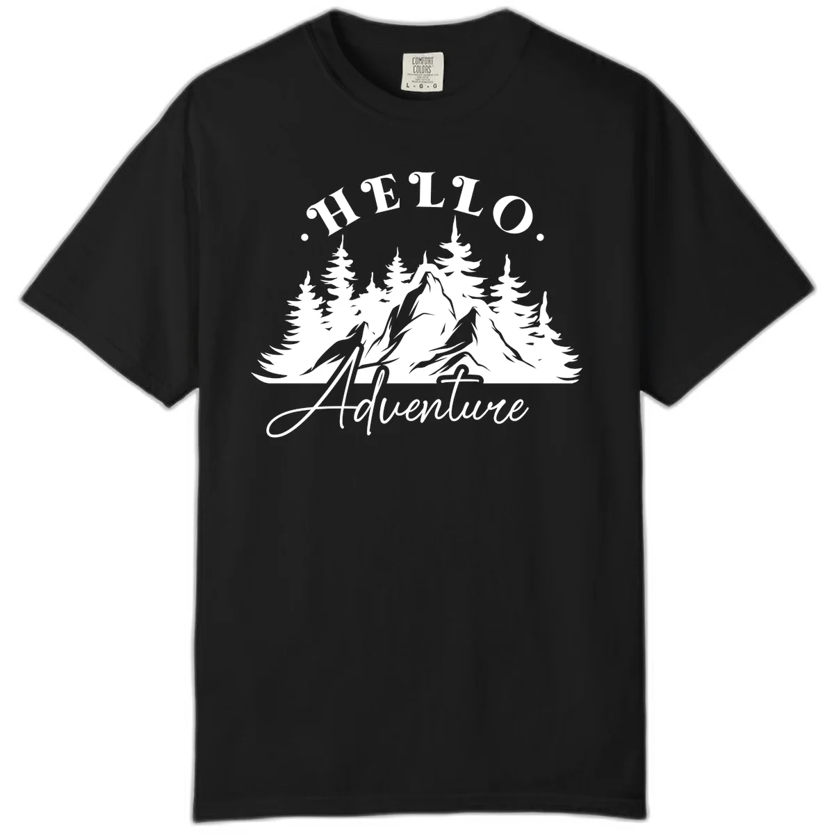 Hello adventure mountain design featuring snow-capped peak and evergreen forest silhouette in white and gray in Black