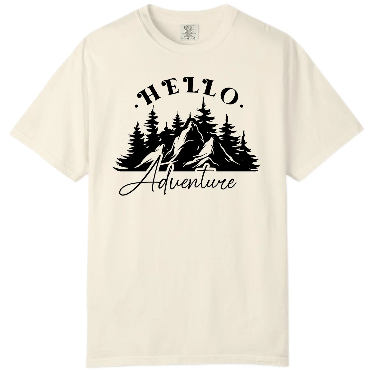Hello adventure mountain design featuring snow-capped peak and evergreen forest silhouette in white and gray in Ivory