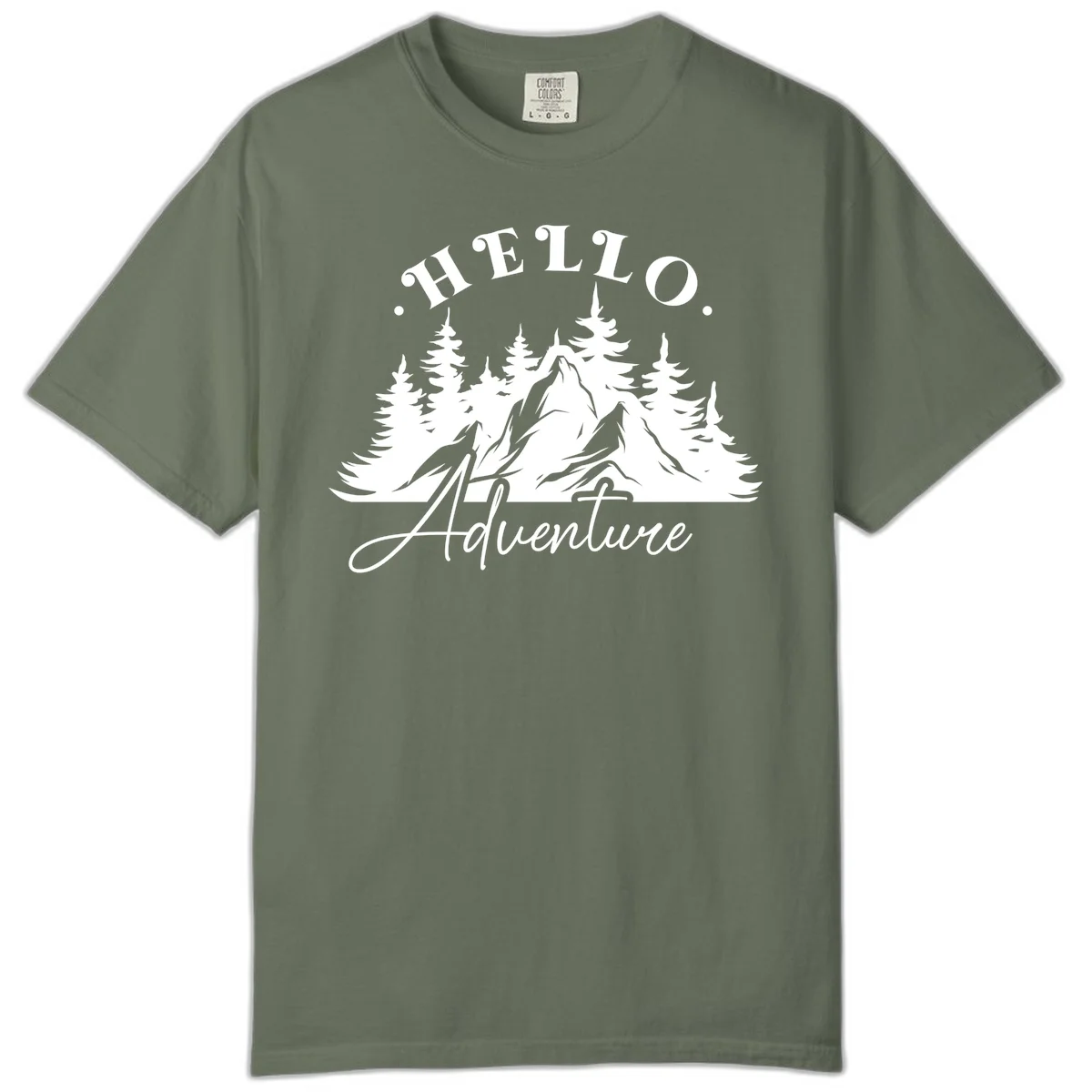 Hello adventure mountain design featuring snow-capped peak and evergreen forest silhouette in white and gray in Moss