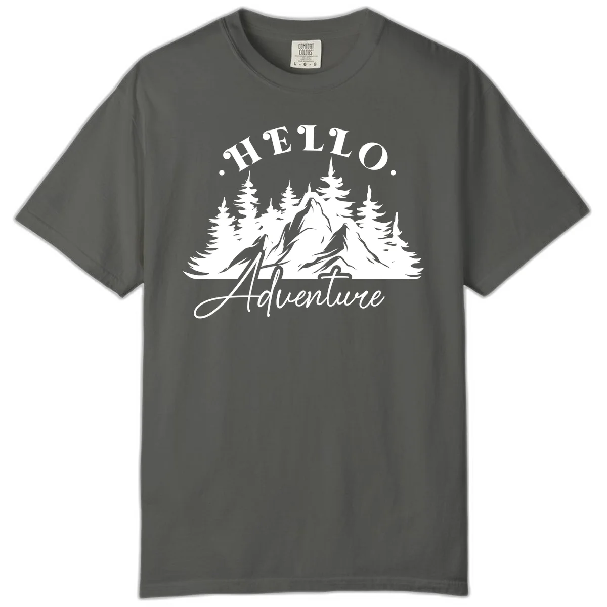 Hello adventure mountain design featuring snow-capped peak and evergreen forest silhouette in white and gray in Pepper