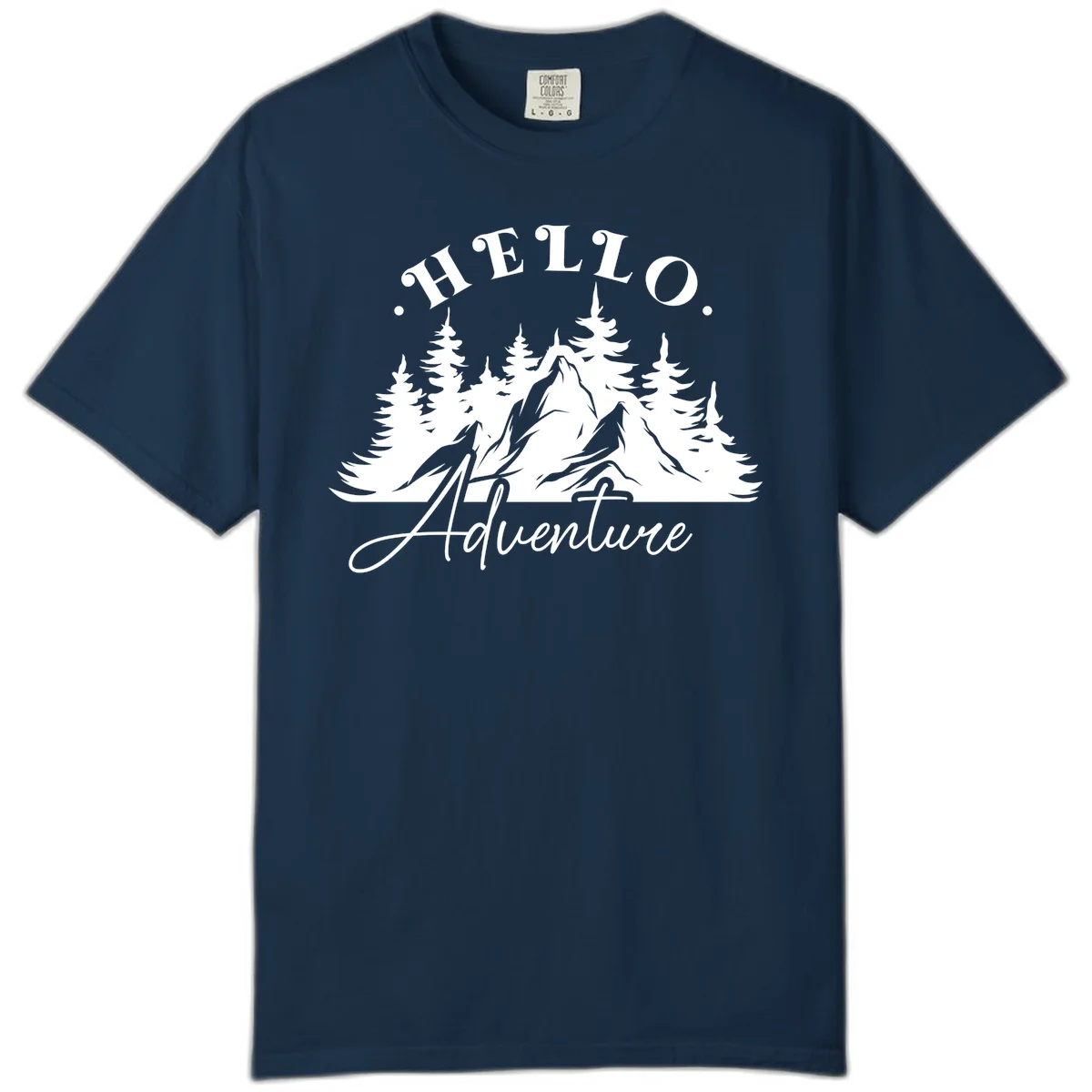 Hello adventure mountain design featuring snow-capped peak and evergreen forest silhouette in white and gray in True Navy