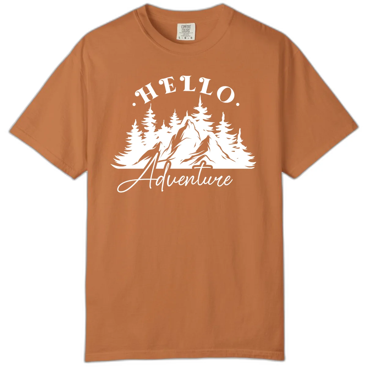 Hello adventure mountain design featuring snow-capped peak and evergreen forest silhouette in white and gray in Yam